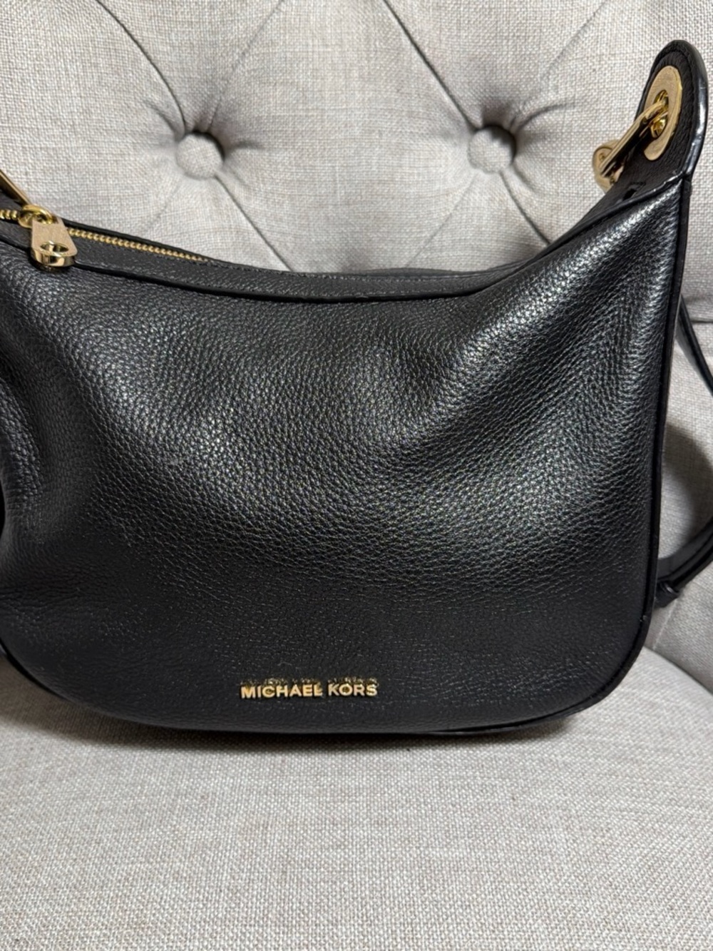 Michael Kors Black Pebbled Leather Saddle Shoulder Bag with Gold Hardware